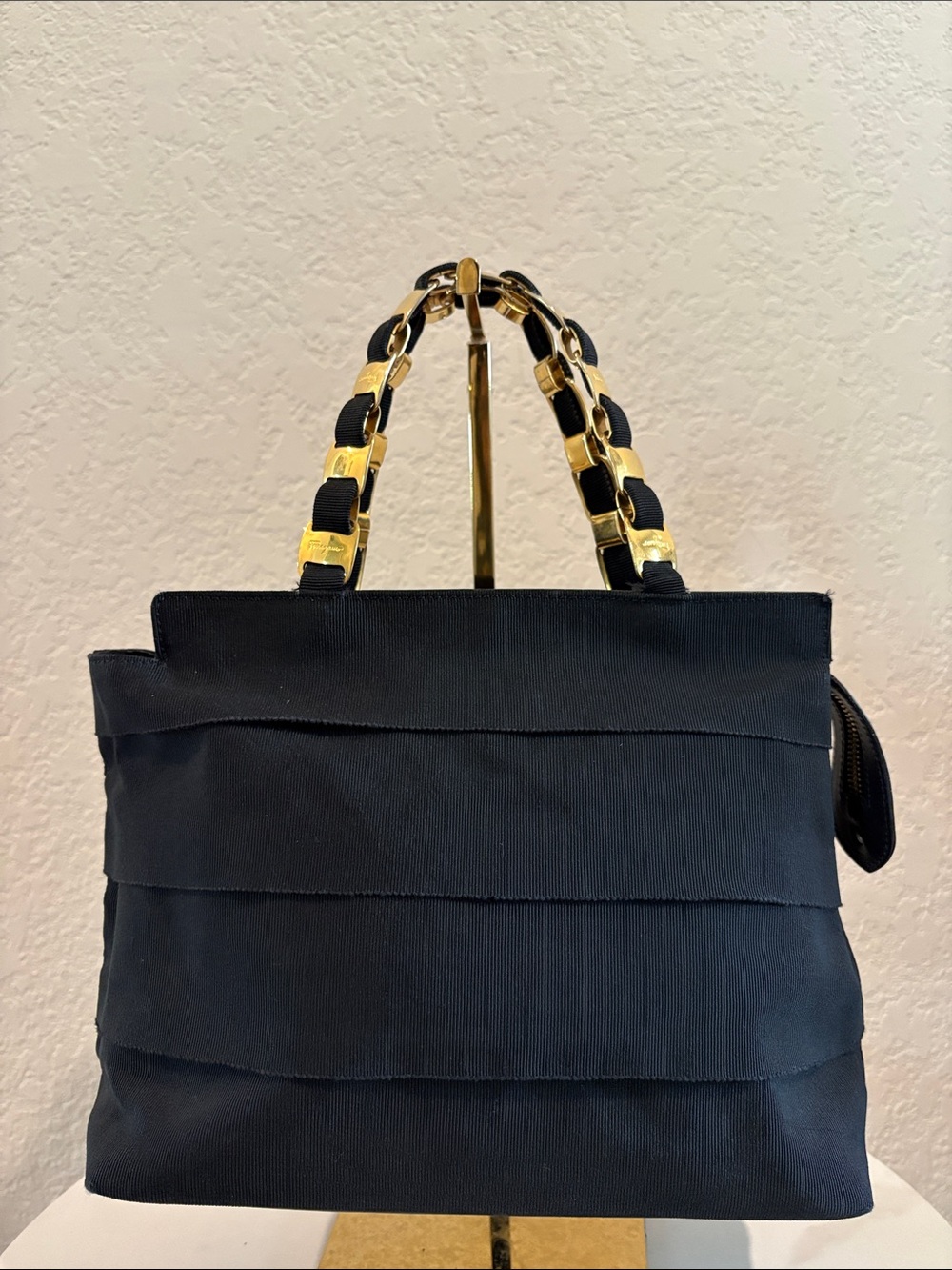 Salvatore Ferragamo Black Top Handle Bag with Gold Chain